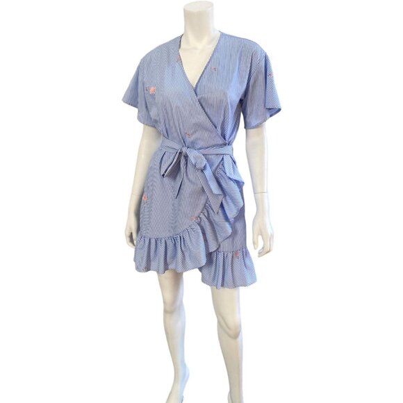ROMEO & JULIET COUTURE Blue & White Striped Wrap Dress With Flamingos, Small - Picture 5 of 12